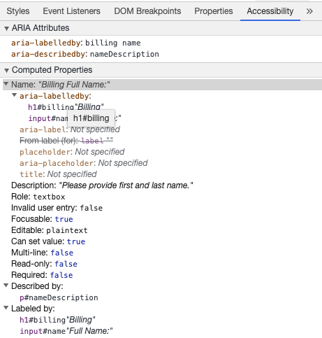 Ferramentas de Desenvolvedor do Chrome mostrando um nome acessível para o input usando aria-labelledby e descrição com aria-describedby