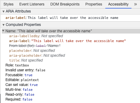 Ferramentas de Desenvolvedor do Chrome mostrando um nome acessível para o input usando aria-label