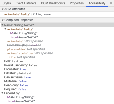 Ferramentas de Desenvolvedor do Chrome mostrando um nome acessível para o input usando aria-labelledby