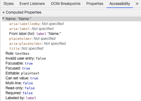 Ferramentas de Desenvolvedor do Chrome mostrando um nome acessível para o input usando a label